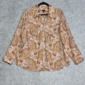 Talbots Shirt Womens 2XP Multicolor Paisley‎ Button Collared Blouse Top Roll-Tab